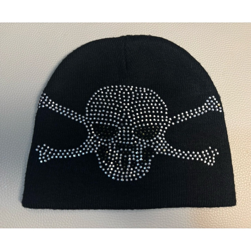 Adult Black Beanie with Rhinestone Skull and Crossbones. EUC.